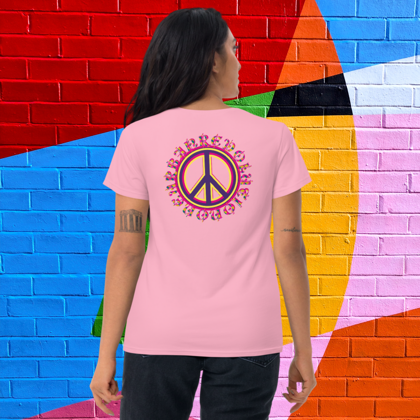 "PEACE" Women's Short Sleeve Embroidered T-shirt (Pink Theme)